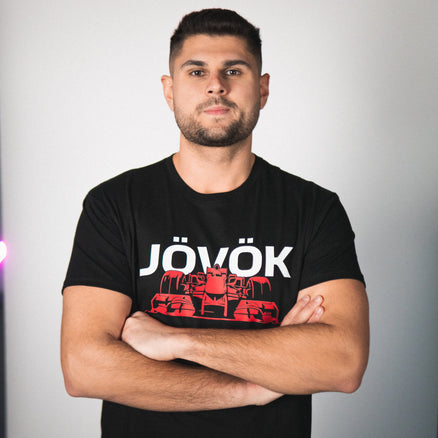 Jövök Megyek Csomag Black T-Shirt featuring ICONIC TRACKS design with a Red Flag Crew logo.