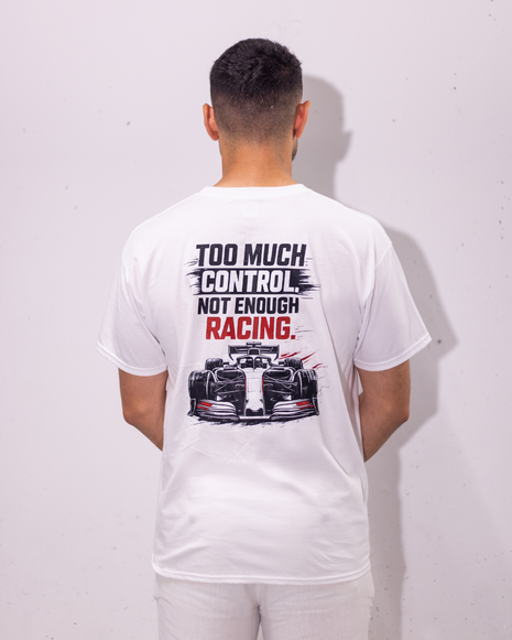 Too much control póló piros-fekete motorsport grafikával és ütős tipográfiával