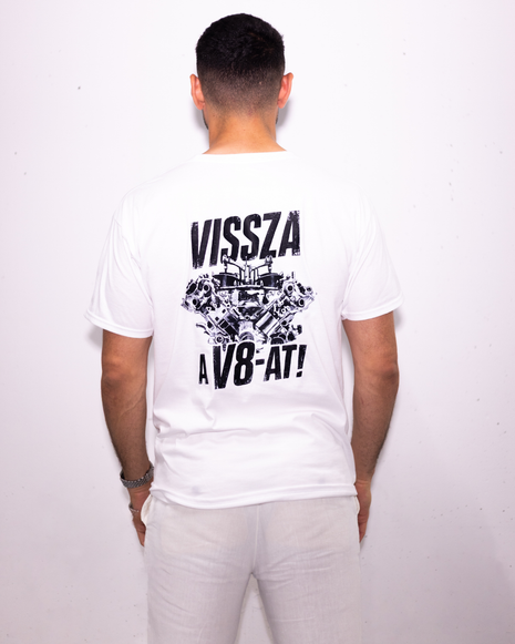 Fekete-fehér motorblokk grafika és kopott Vissza a V8-at póló motorsport-rajongóknak