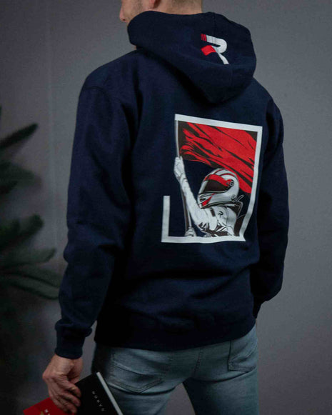 NightDrive RFC Limited Hoodie in Oxford Navy featuring motorsport-inspired design and embroidered logo, limited edition.