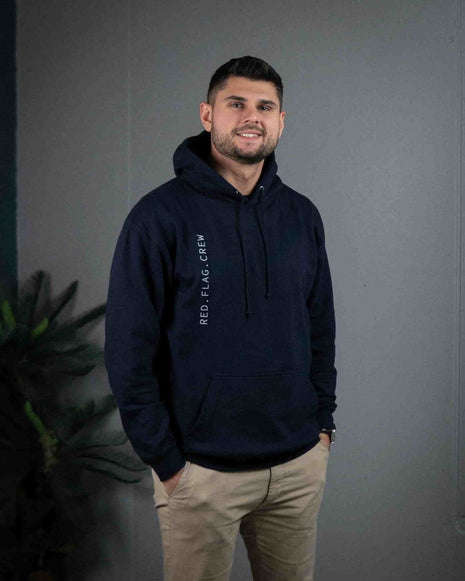 Q1 RFC Hoodie in Oxford Navy featuring RED.FLAG.CREW logo, minimalistic and elegant style.