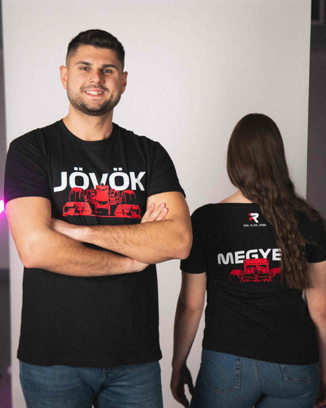 JÖVÖK póló elöl formula autóval, hátul versenygép grafikával, motorsport stílusban