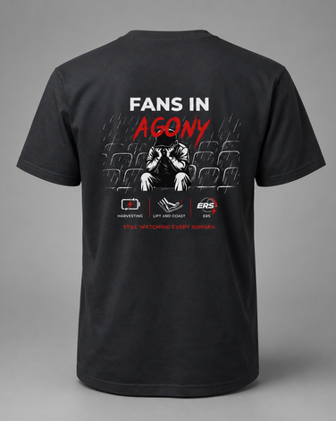 Fekete Fans in Agony motorsport rajongói póló karakteres grafikai mintával és ironikus üzenettel