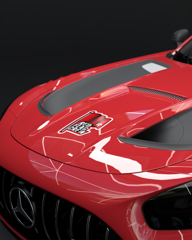 Red Flag Sticker on red sports car hood, symbolizing motorsport enthusiasm.