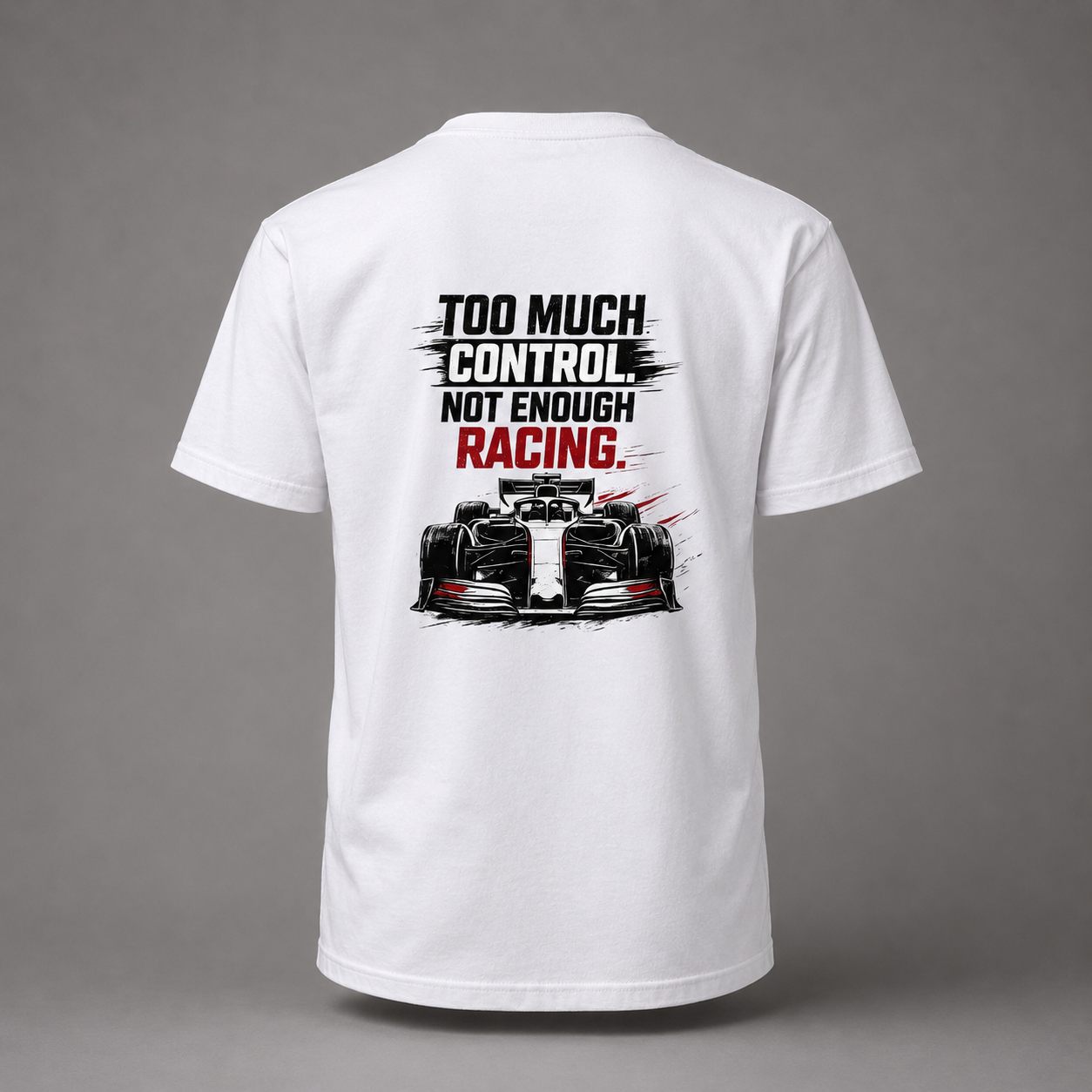 Too much control póló with red and black motorsport graphics and bold typography on back, promoting less control and more racing message
