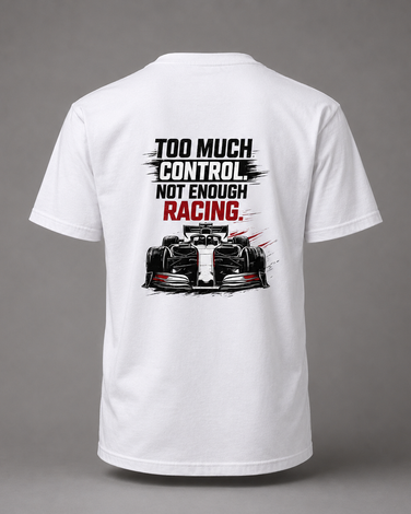 Too much control póló with red and black motorsport graphics and bold typography on back, promoting less control and more racing message