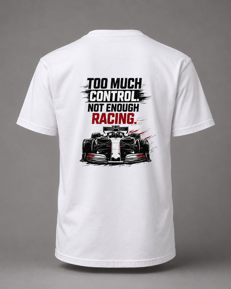 Too much control póló with red and black motorsport graphics and bold typography on back, promoting less control and more racing message