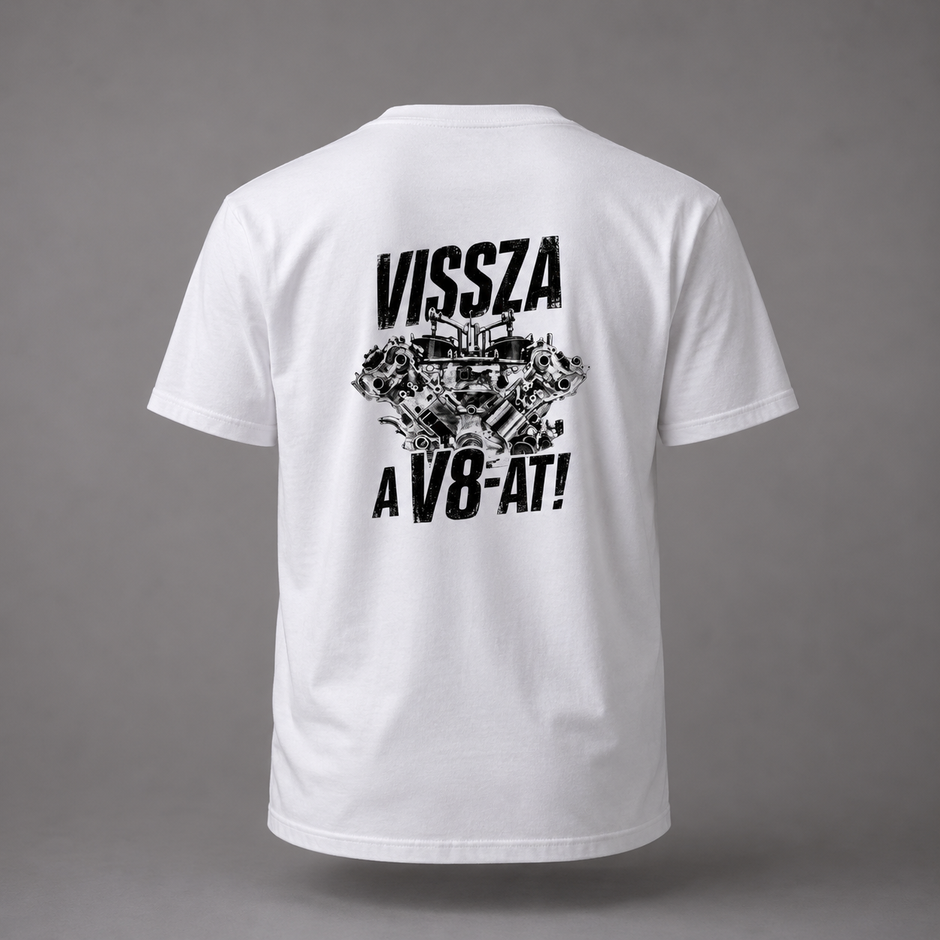 Fekete-fehér Vissza a V8-at póló motorsport motorblokk grafikával és kopott grunge felirattal