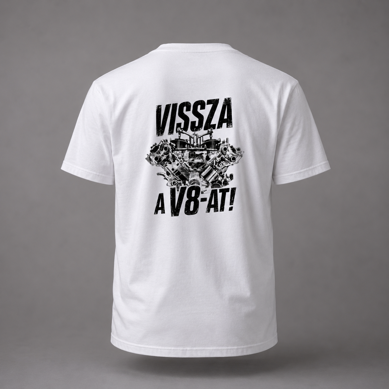 Fekete-fehér Vissza a V8-at póló motorsport motorblokk grafikával és kopott grunge felirattal